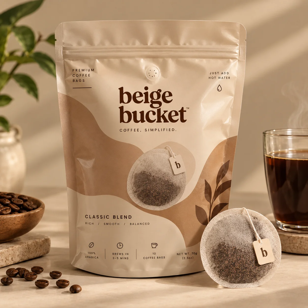 Beige Bucket Coffee Bags — Classic Blend (70% Arabica, 30% Robusta)